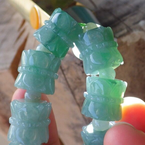 Certified Green 100% Natural A JADE Jadeite Beads Bangle Flower Bracelet 433889 - Picture 2 of 7